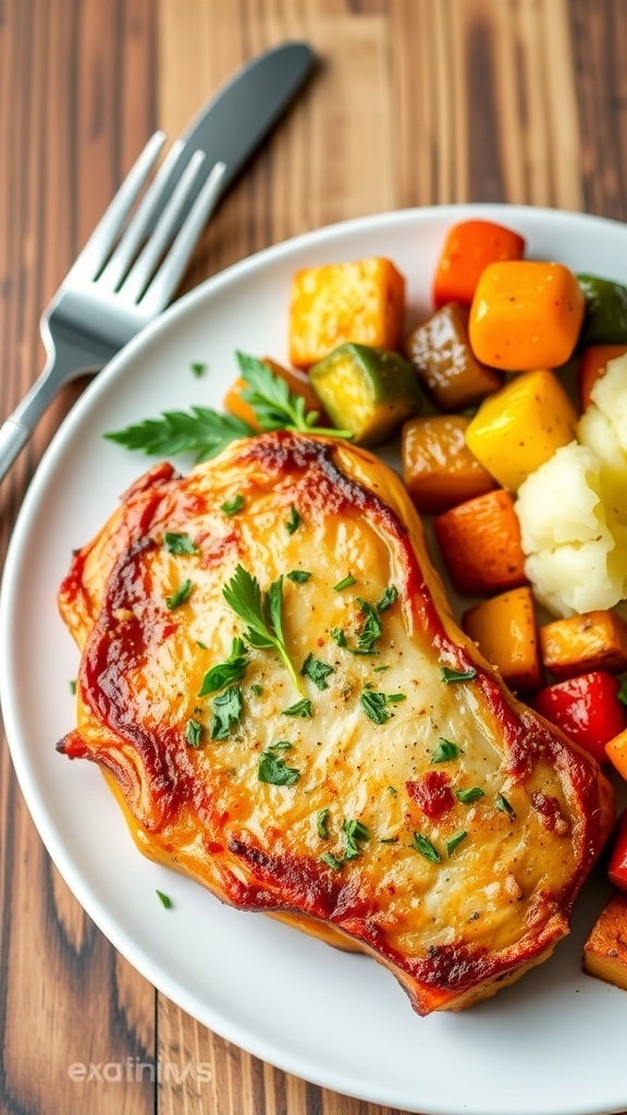 Easy Air Fryer Pork Chops Recipe Juicy air fryer pork chops on a plate with roasted vegetables and mashed potatoes.